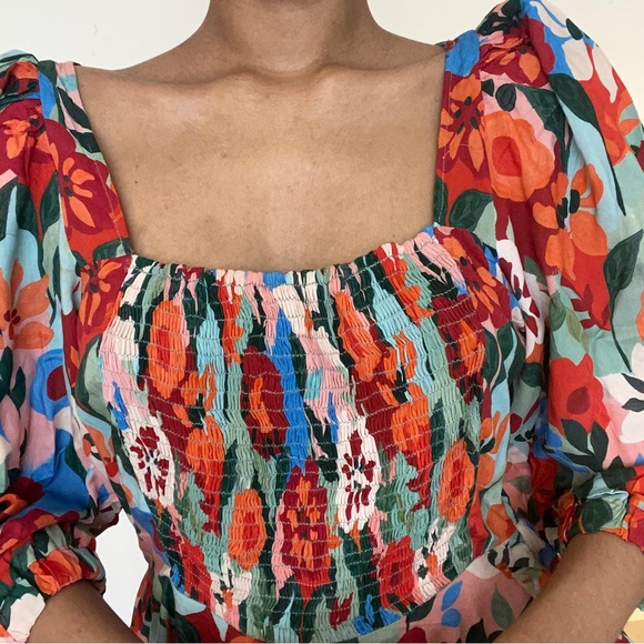 Zara floral colourful top in red orange green blue puff sleeves peplum shirring - Picture 5 of 7